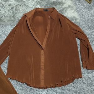 PLT Brown button front plisse shirt